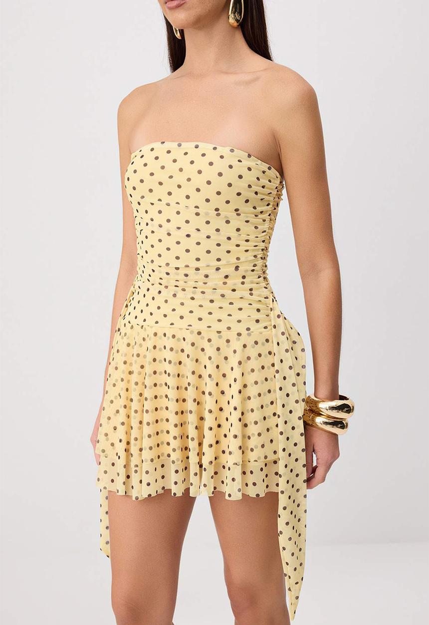 Trendyol - Polka Dot Strapless Cut-Out Mini Party Dress - Yellow