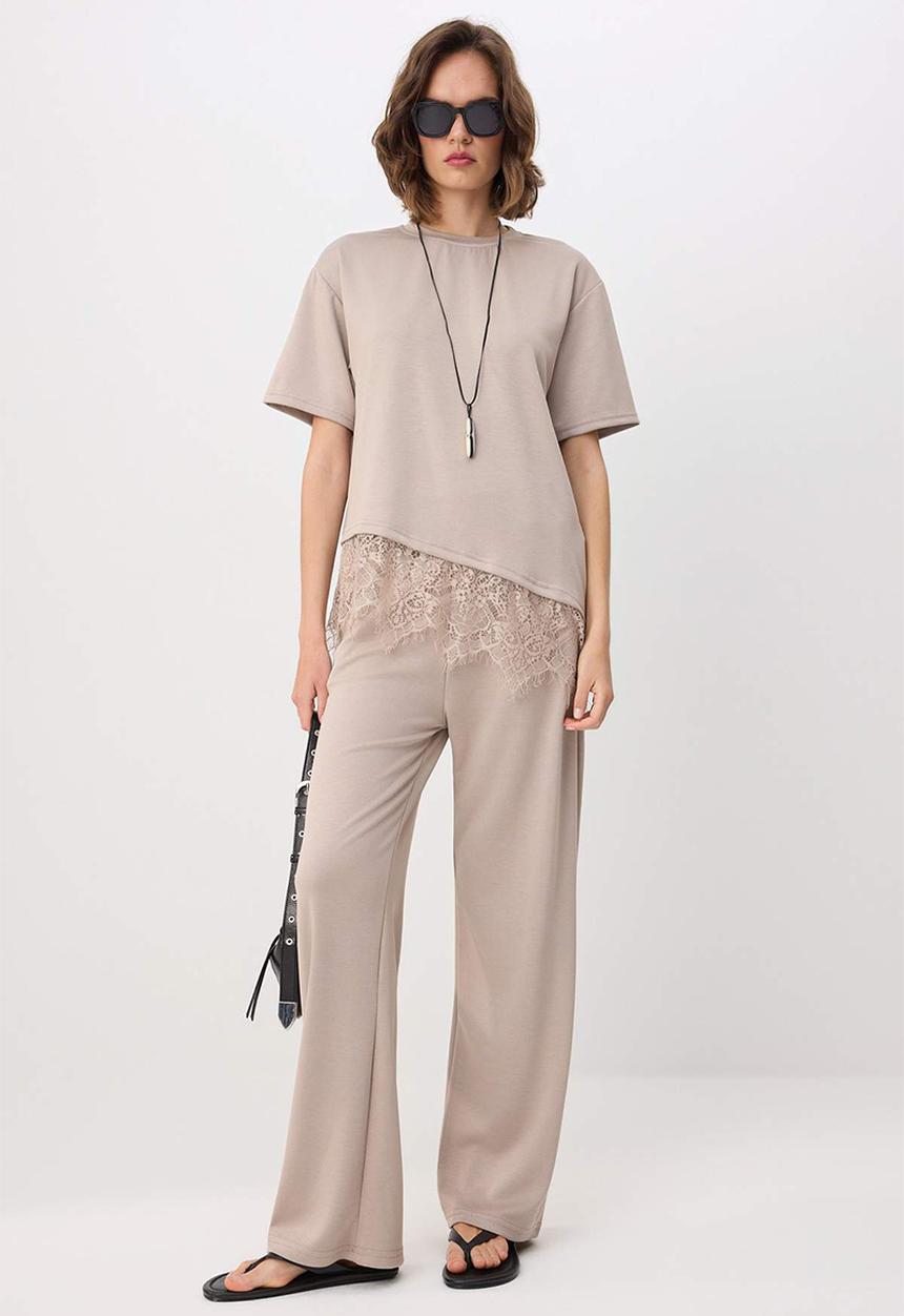 Trendyol - Oversized Lace Detail Asymmetric Knit Top and Bottom Set - Stone