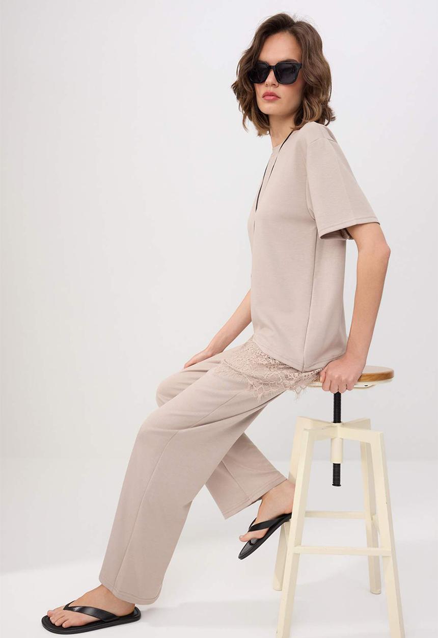 Trendyol - Oversized Lace Detail Asymmetric Knit Top and Bottom Set - Stone