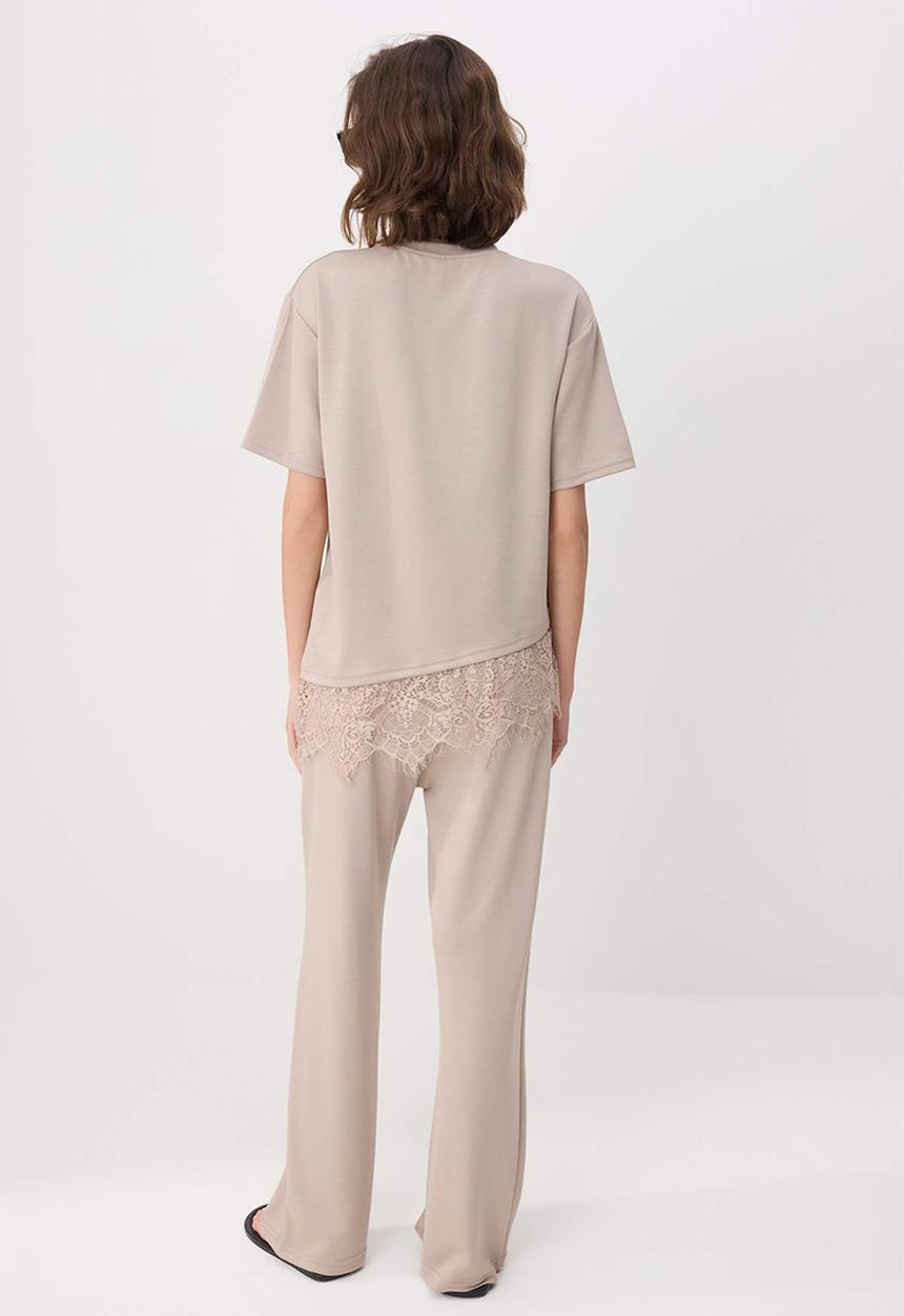 Trendyol - Oversized Lace Detail Asymmetric Knit Top and Bottom Set - Stone