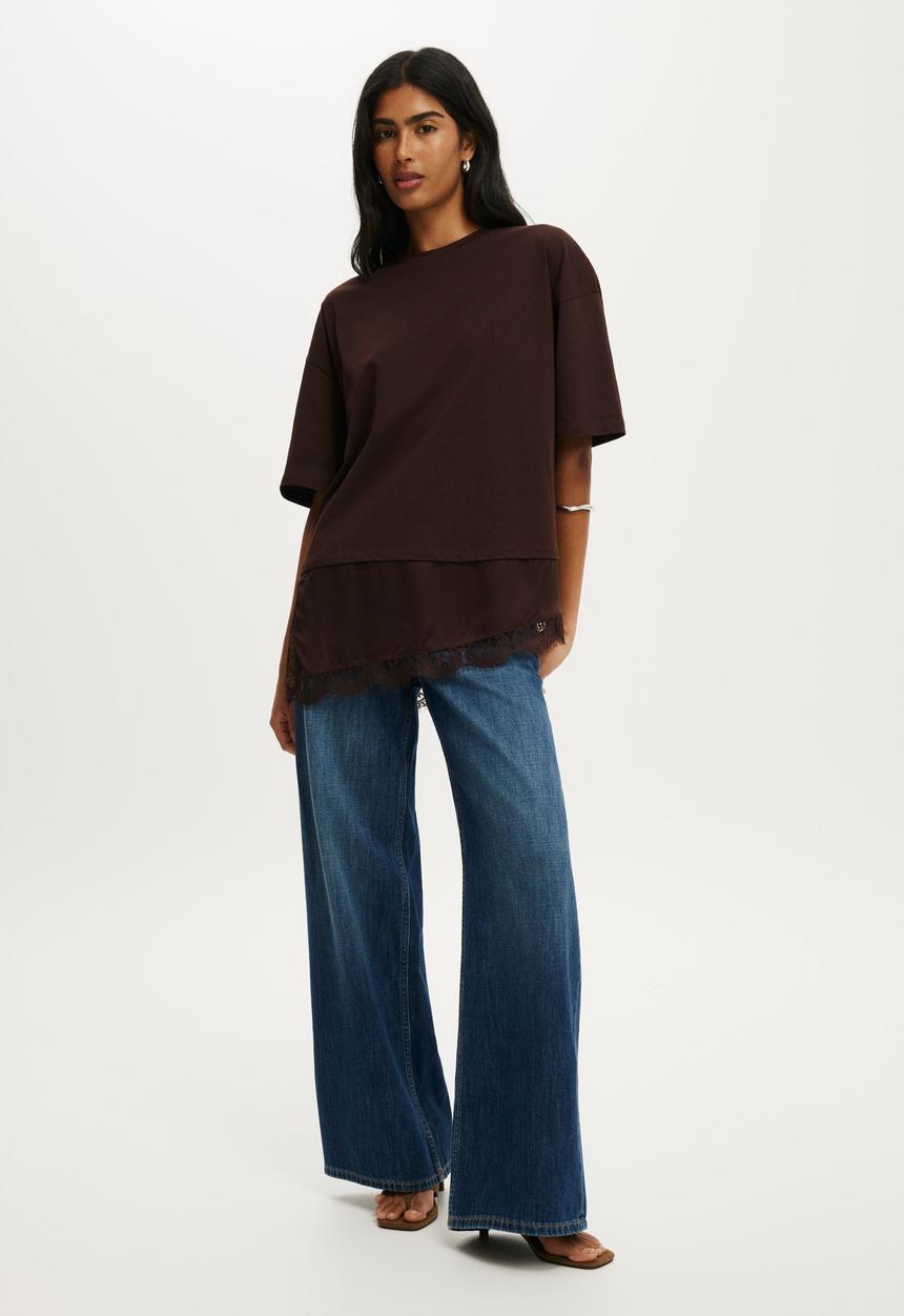 Cotton On - Satin Layered T-shirt - Dark Oak
