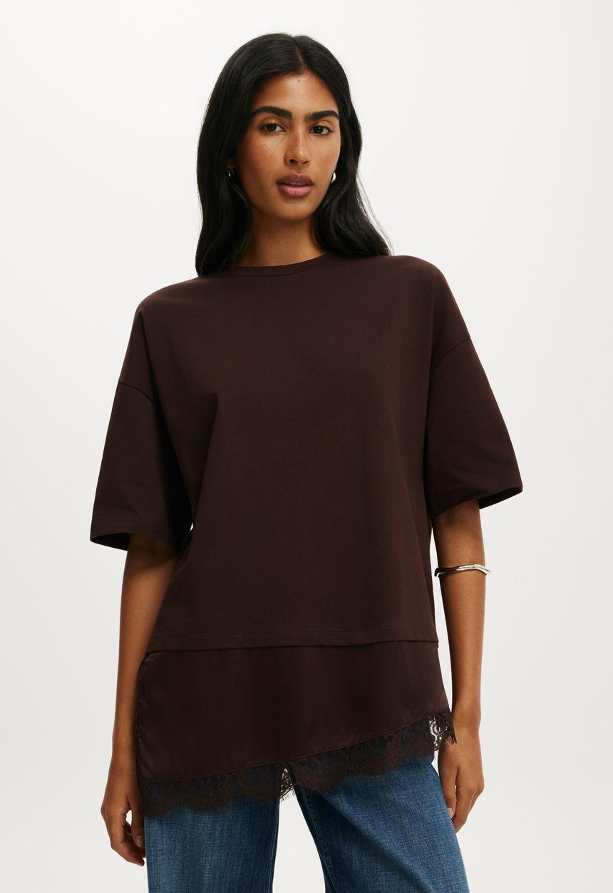 Cotton On - Satin Layered T-shirt - Dark Oak