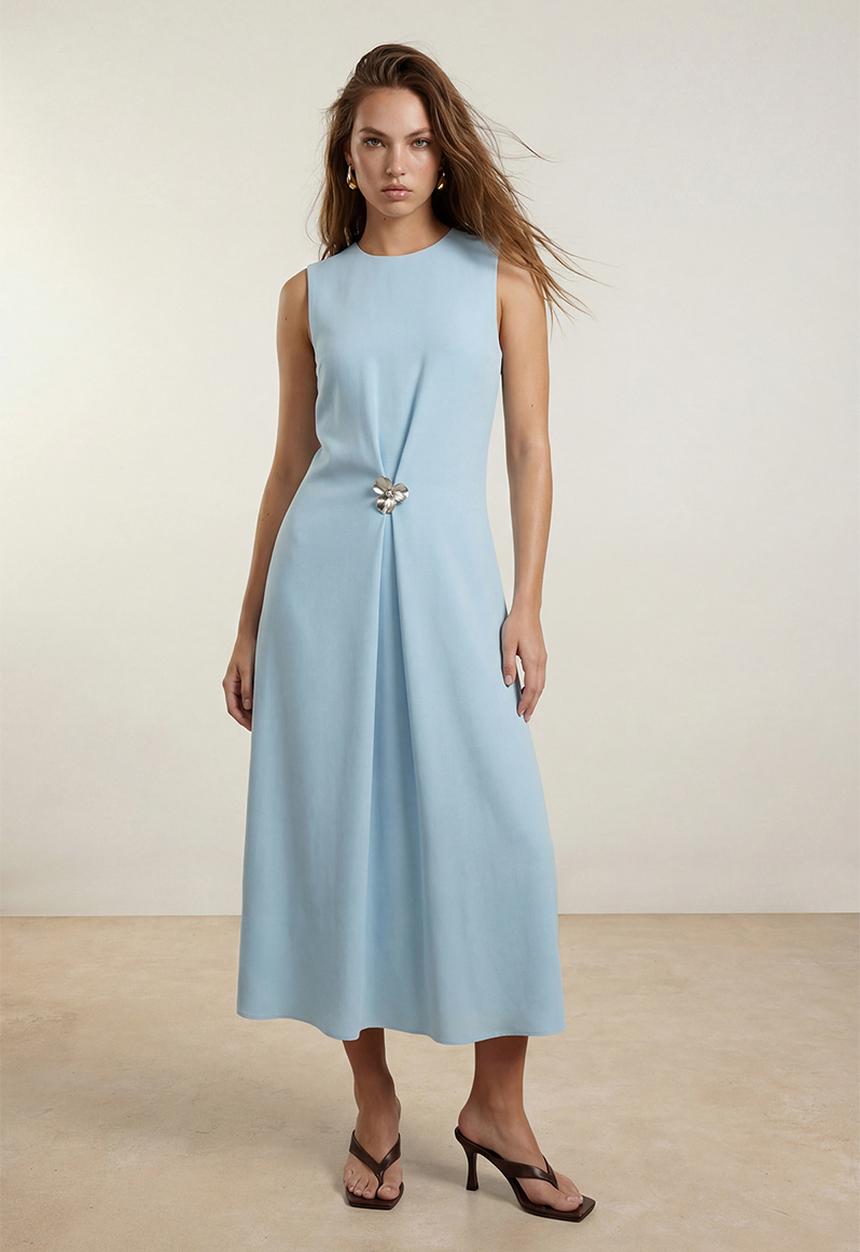 Trendyol - A-Line Satin Midi Dress - Light Blue