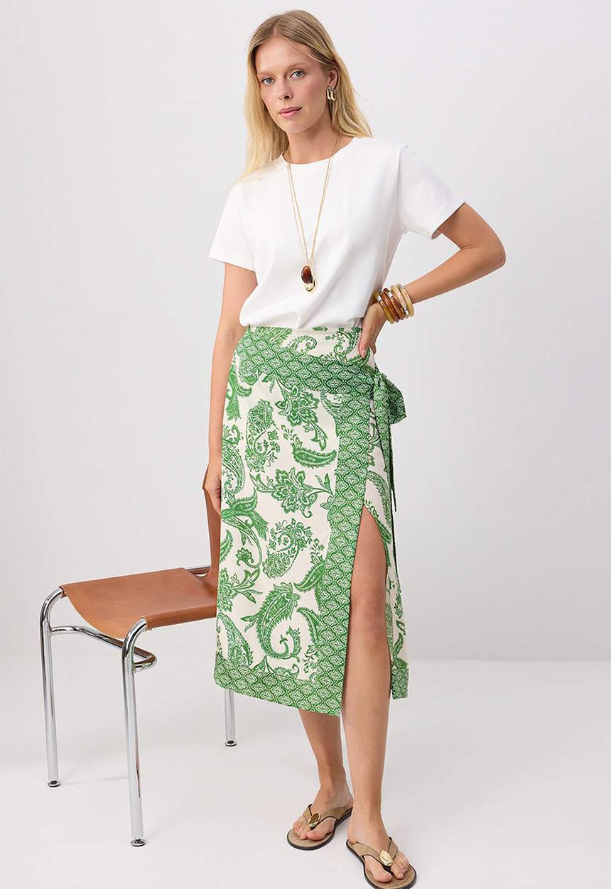 Trendyol - Shawl Print Double-Breasted Skirt - Green