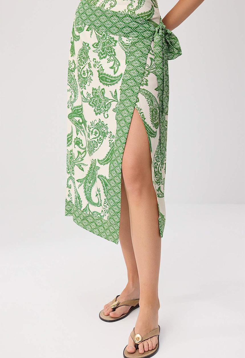 Trendyol - Shawl Print Double-Breasted Skirt - Green