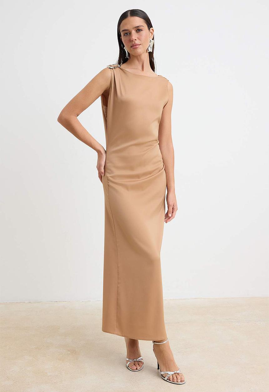 Trendyol - Satin Maxi Dress - Light Brown