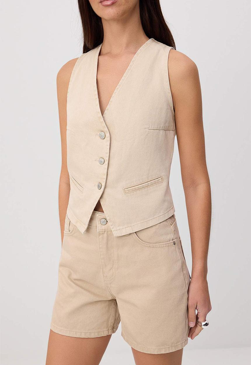 Trendyol - Denim Vest and Shorts Set - Camel