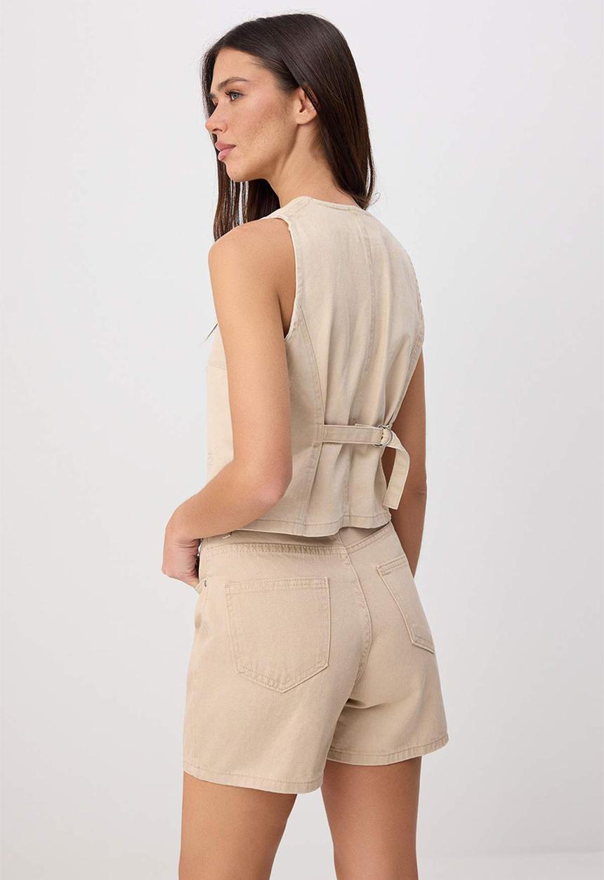 Trendyol - Denim Vest and Shorts Set - Camel