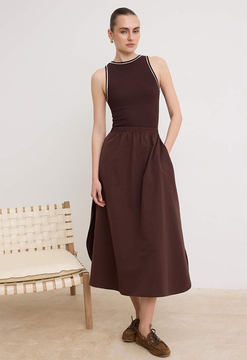 Trendyol - Poplin Skirt Detail A-Line Maxi Dress - Brown