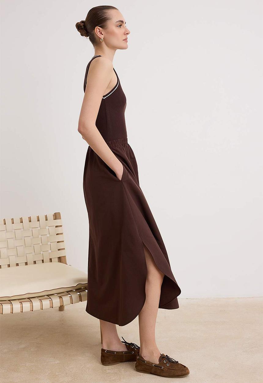 Trendyol - Poplin Skirt Detail A-Line Maxi Dress - Brown