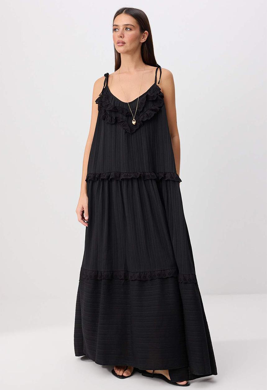 Trendyol - Embroidered A-Line Maxi Dress with Thin Straps - Black