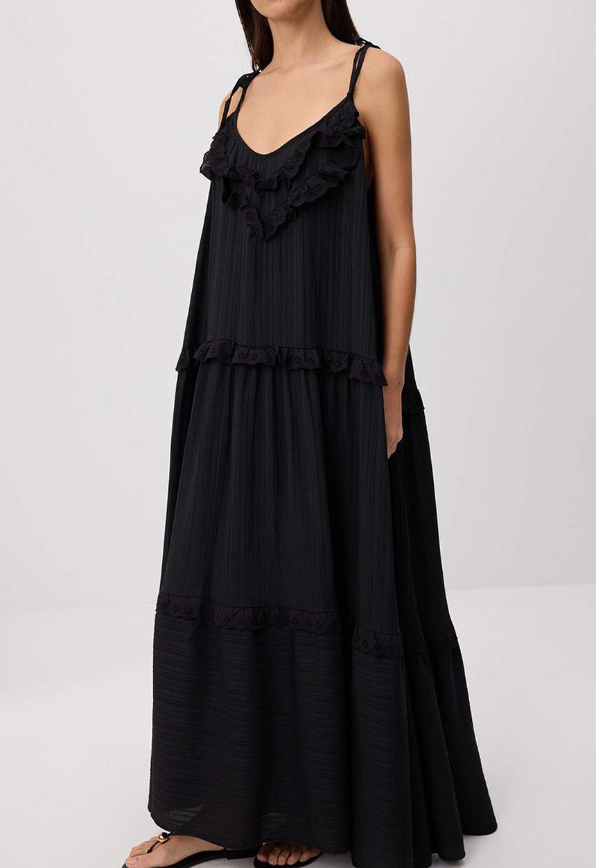 Trendyol - Embroidered A-Line Maxi Dress with Thin Straps - Black