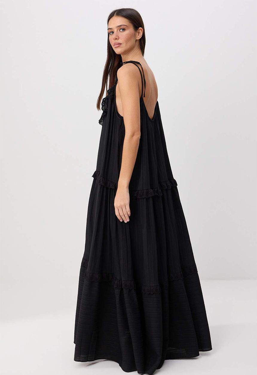 Trendyol - Embroidered A-Line Maxi Dress with Thin Straps - Black