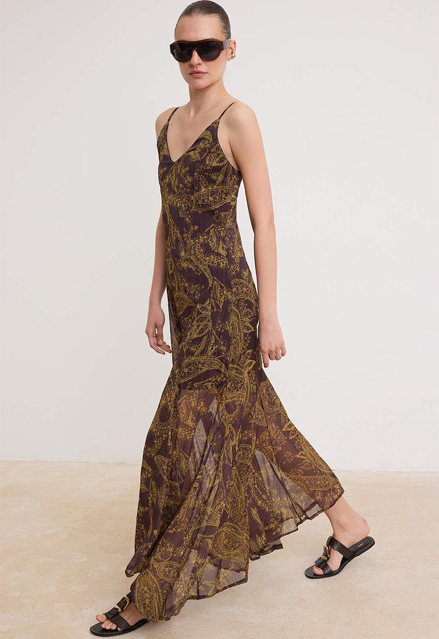 Trendyol - Shawl Print Flounce Chiffon Maxi Dress - Brown