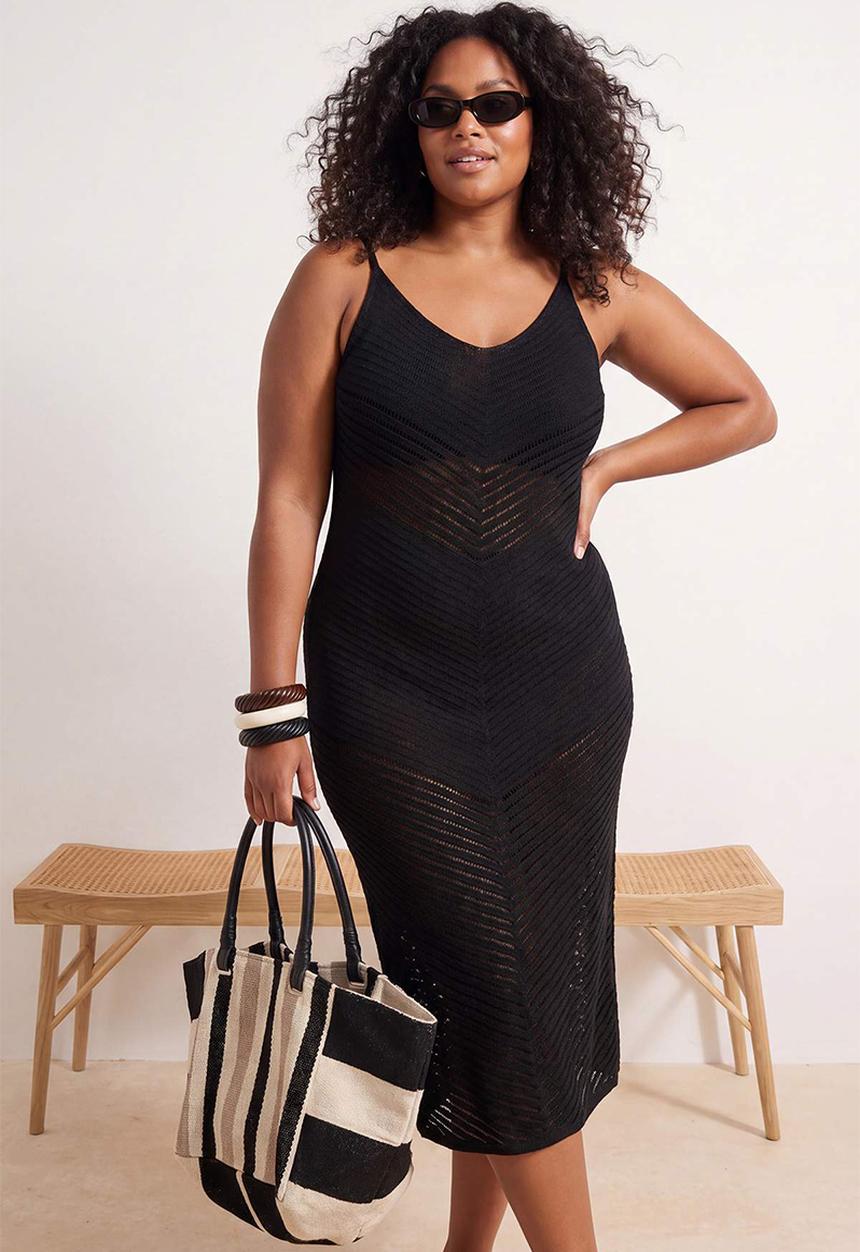Trendyol - Plus beachwear midi v-neck knitwear beach dress - black