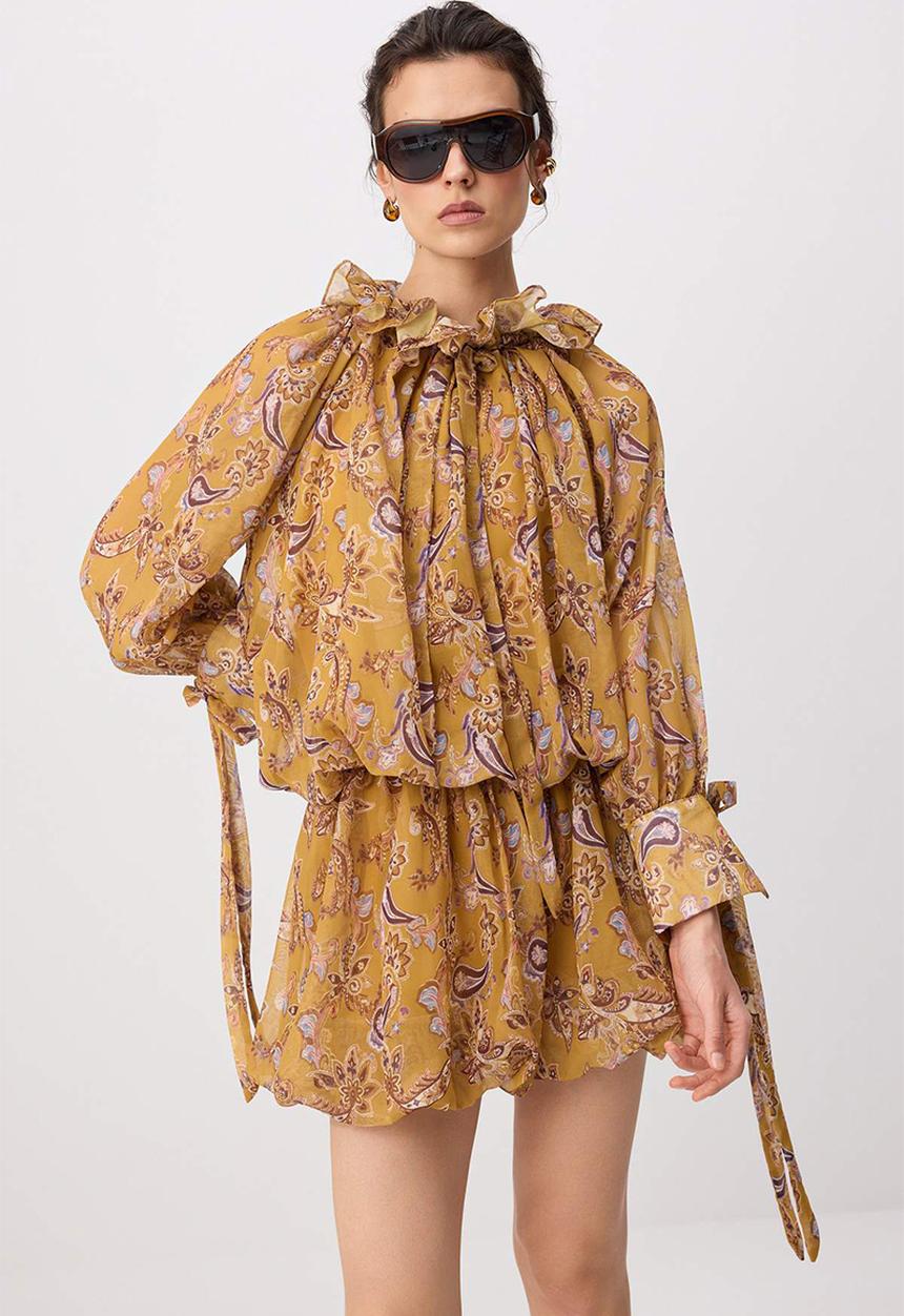 Trendyol - Shawl Print Cut-Out Chiffon Mini Dress - Mustard