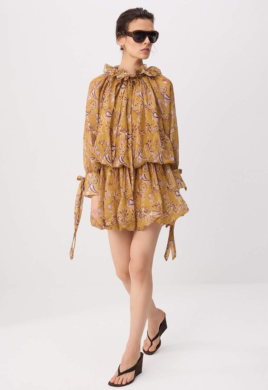 Trendyol - Shawl Print Cut-Out Chiffon Mini Dress - Mustard