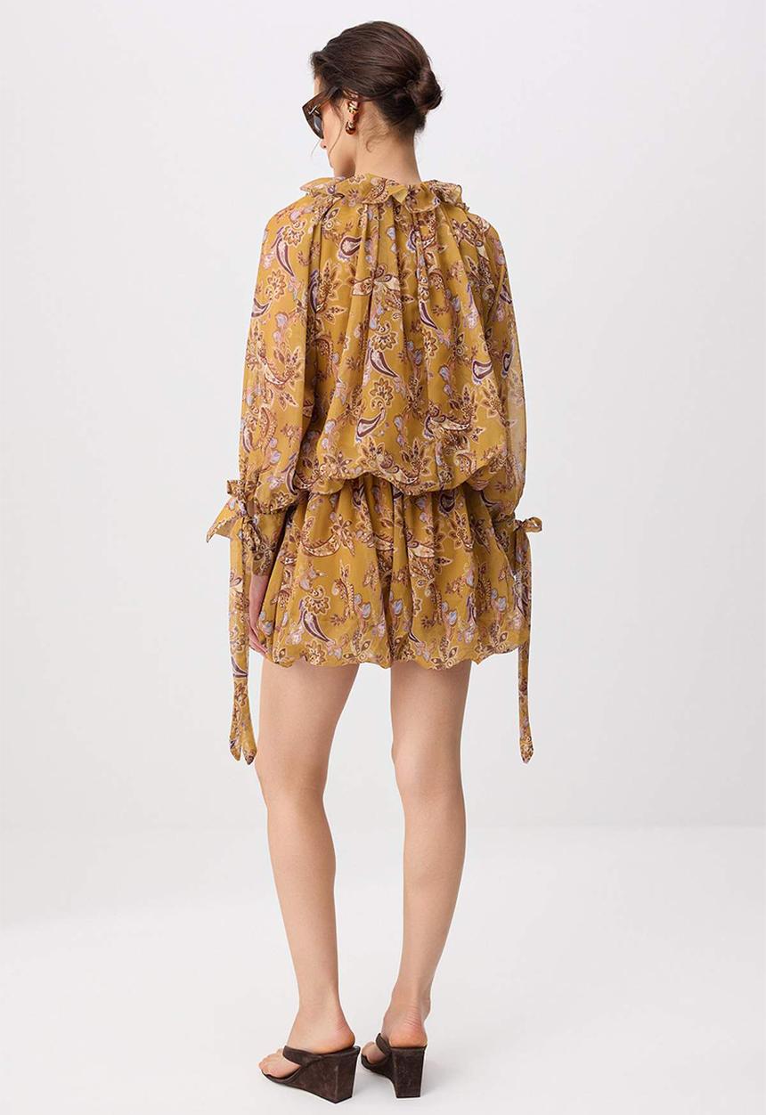 Trendyol - Shawl Print Cut-Out Chiffon Mini Dress - Mustard