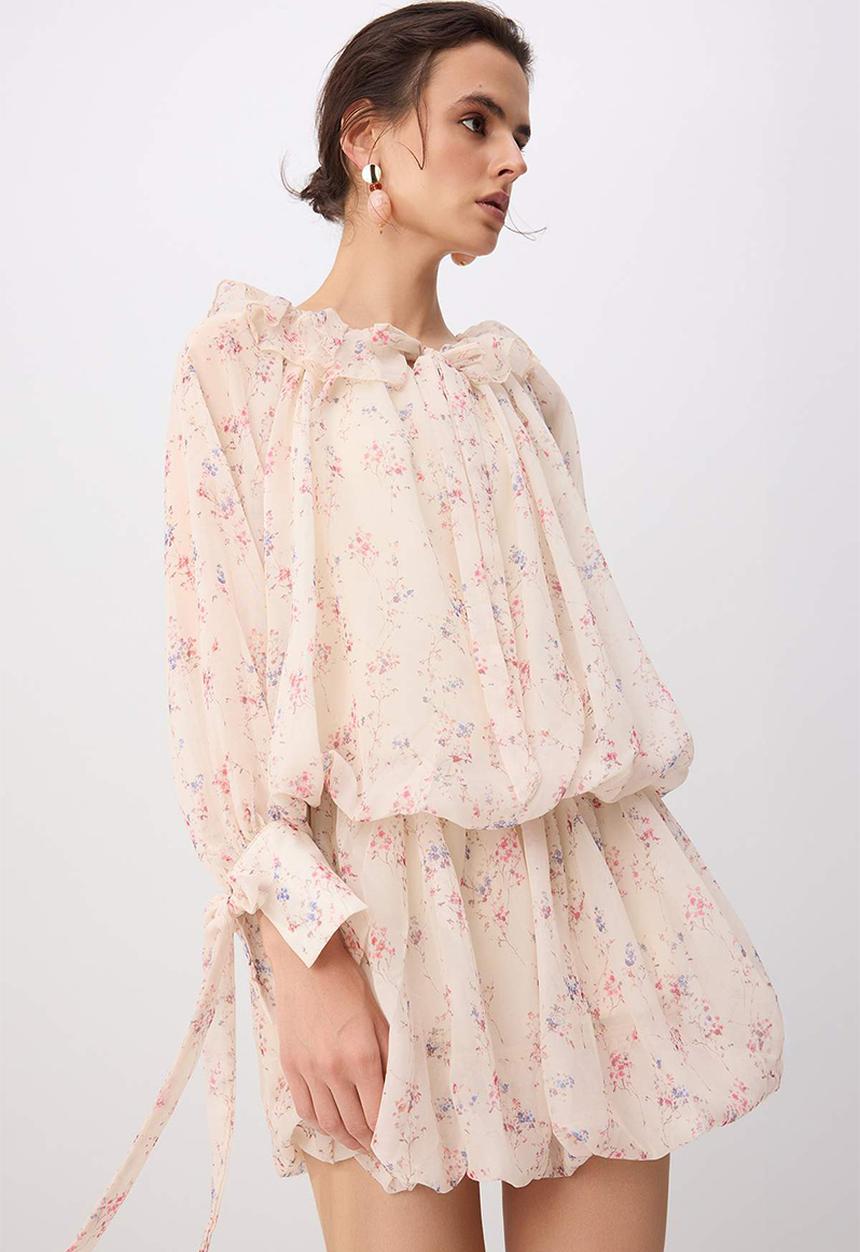 Trendyol - Floral Cut-Out Chiffon Mini Dress - Neutral