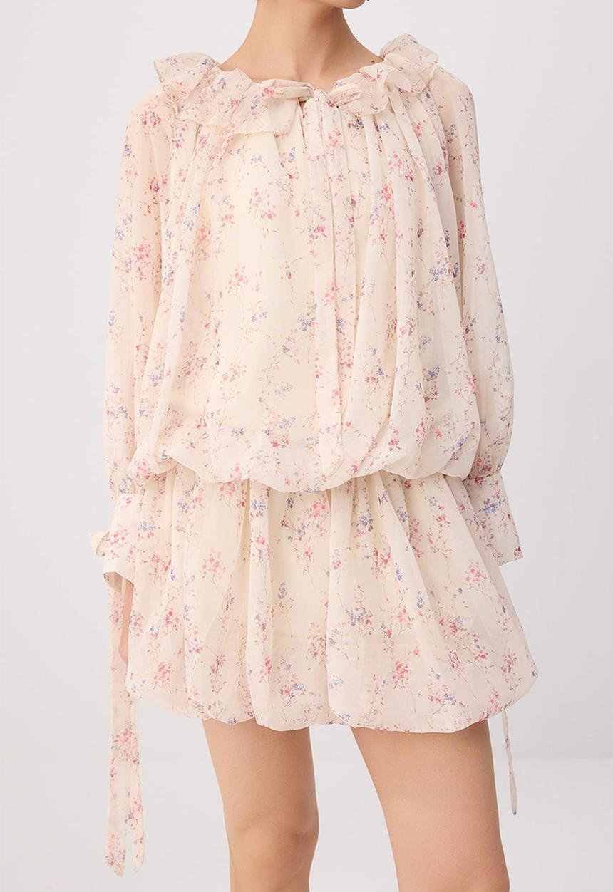 Trendyol - Floral Cut-Out Chiffon Mini Dress - Neutral