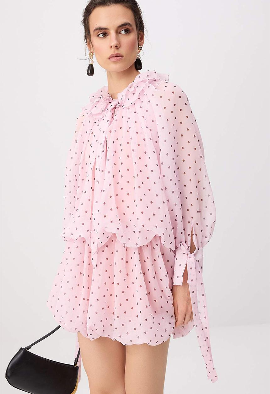 Trendyol - Polka Dot Cut-Out Chiffon Mini Dress - Pink