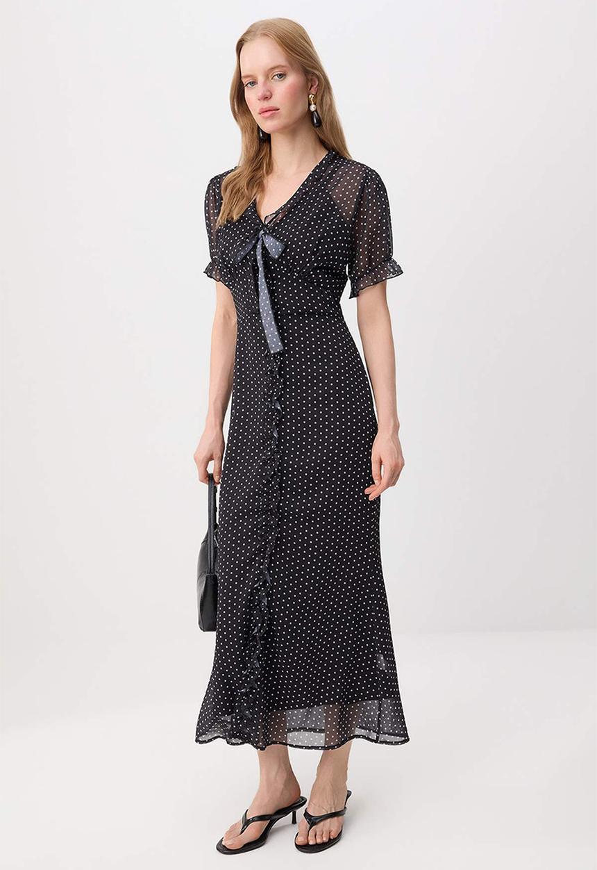 Trendyol - Velvet Ribbon Detail Polka Dot Chiffon Dress - Black