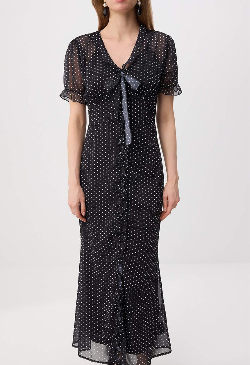Trendyol - Velvet Ribbon Detail Polka Dot Chiffon Dress - Black