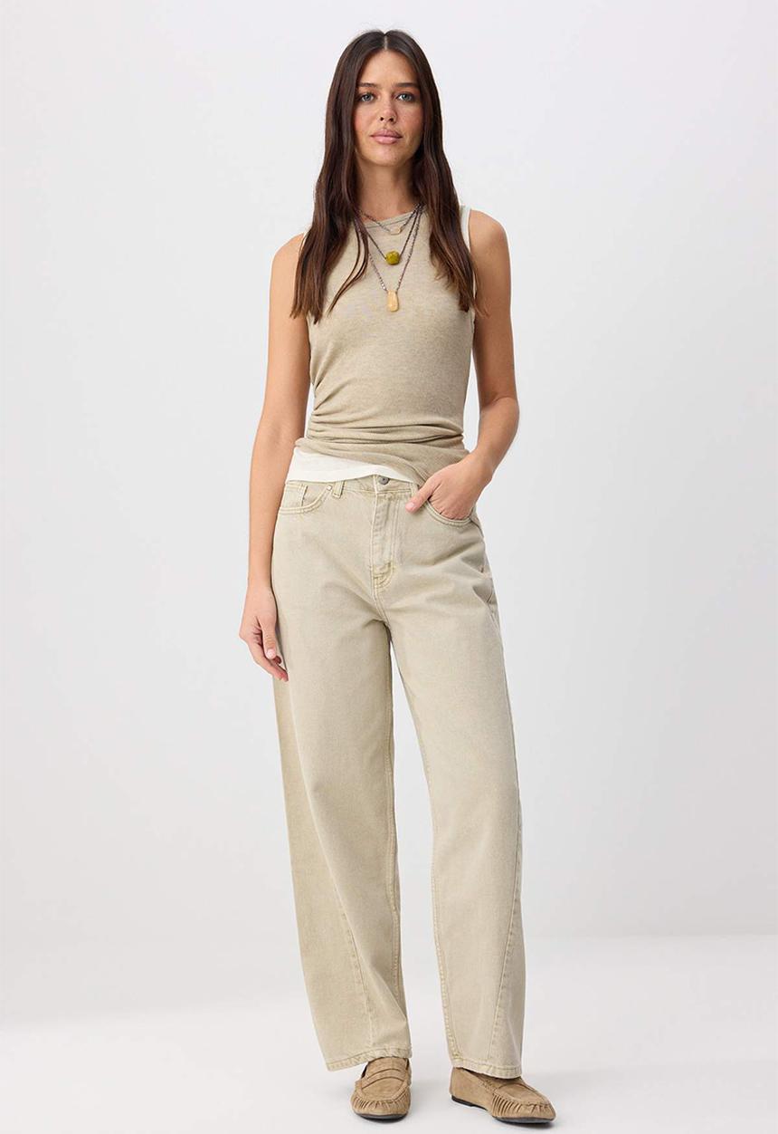 Trendyol - Stitch Detail High-Waist Cotton Baggy Jeans - Beige