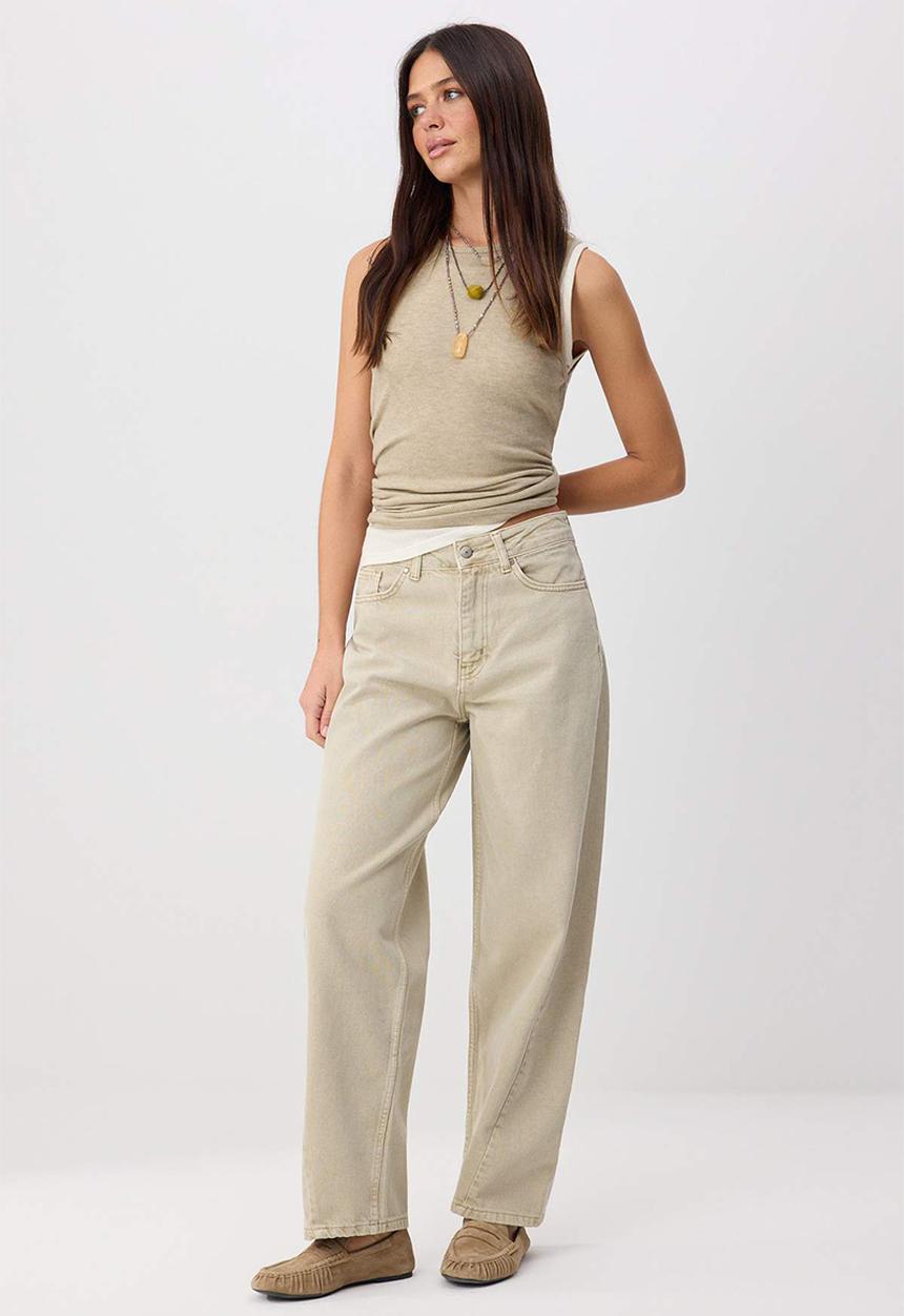Trendyol - Stitch Detail High-Waist Cotton Baggy Jeans - Beige