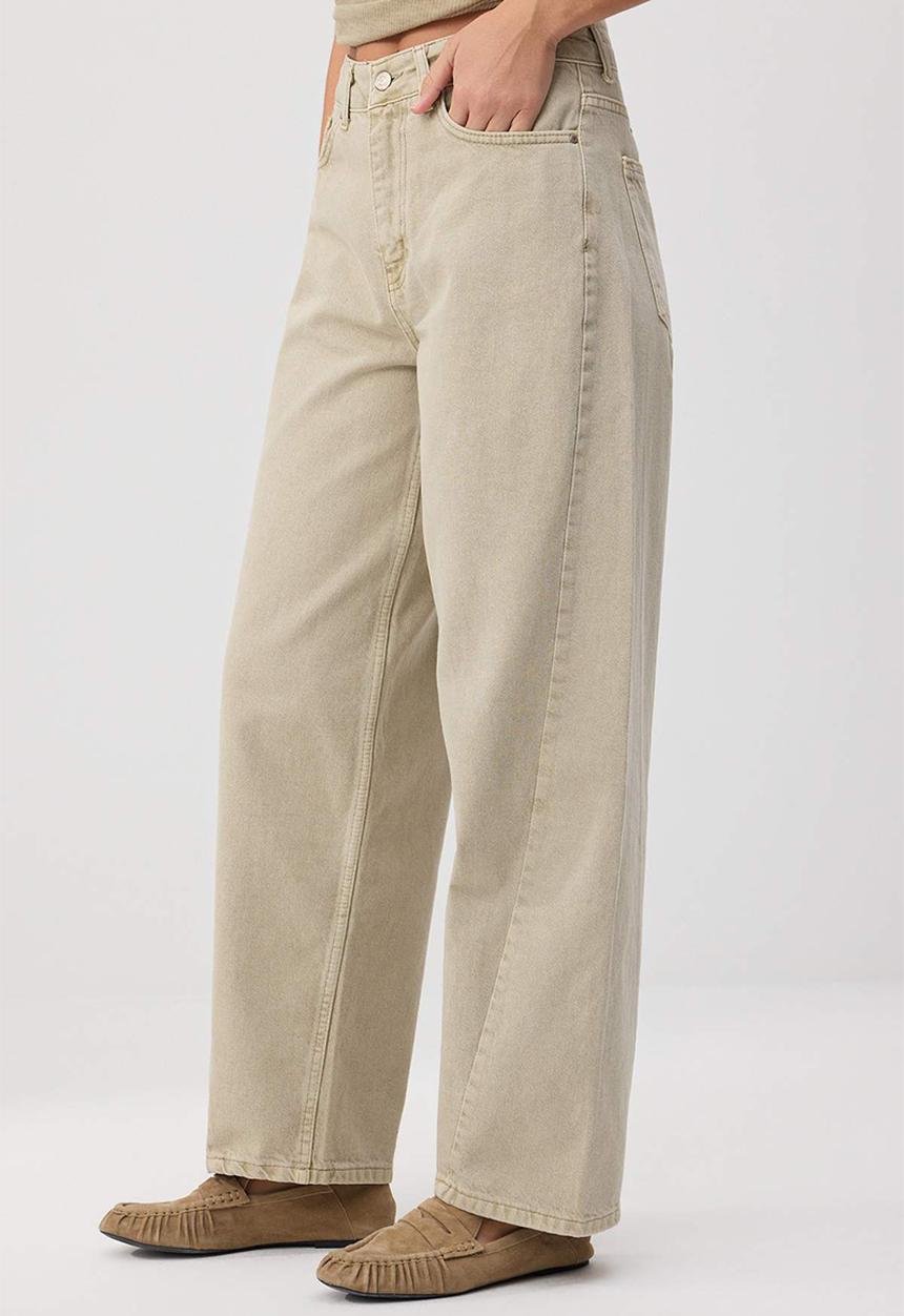 Trendyol - Stitch Detail High-Waist Cotton Baggy Jeans - Beige