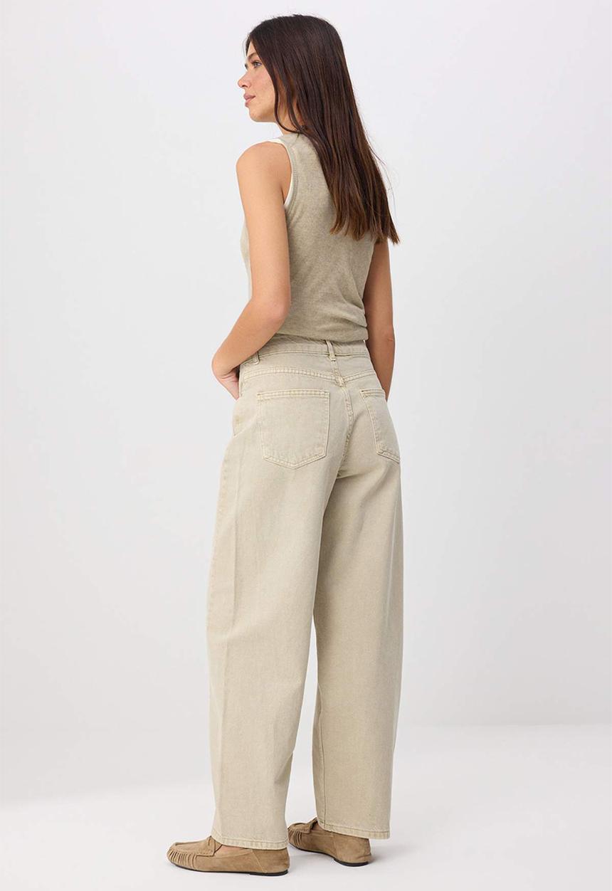 Trendyol - Stitch Detail High-Waist Cotton Baggy Jeans - Beige