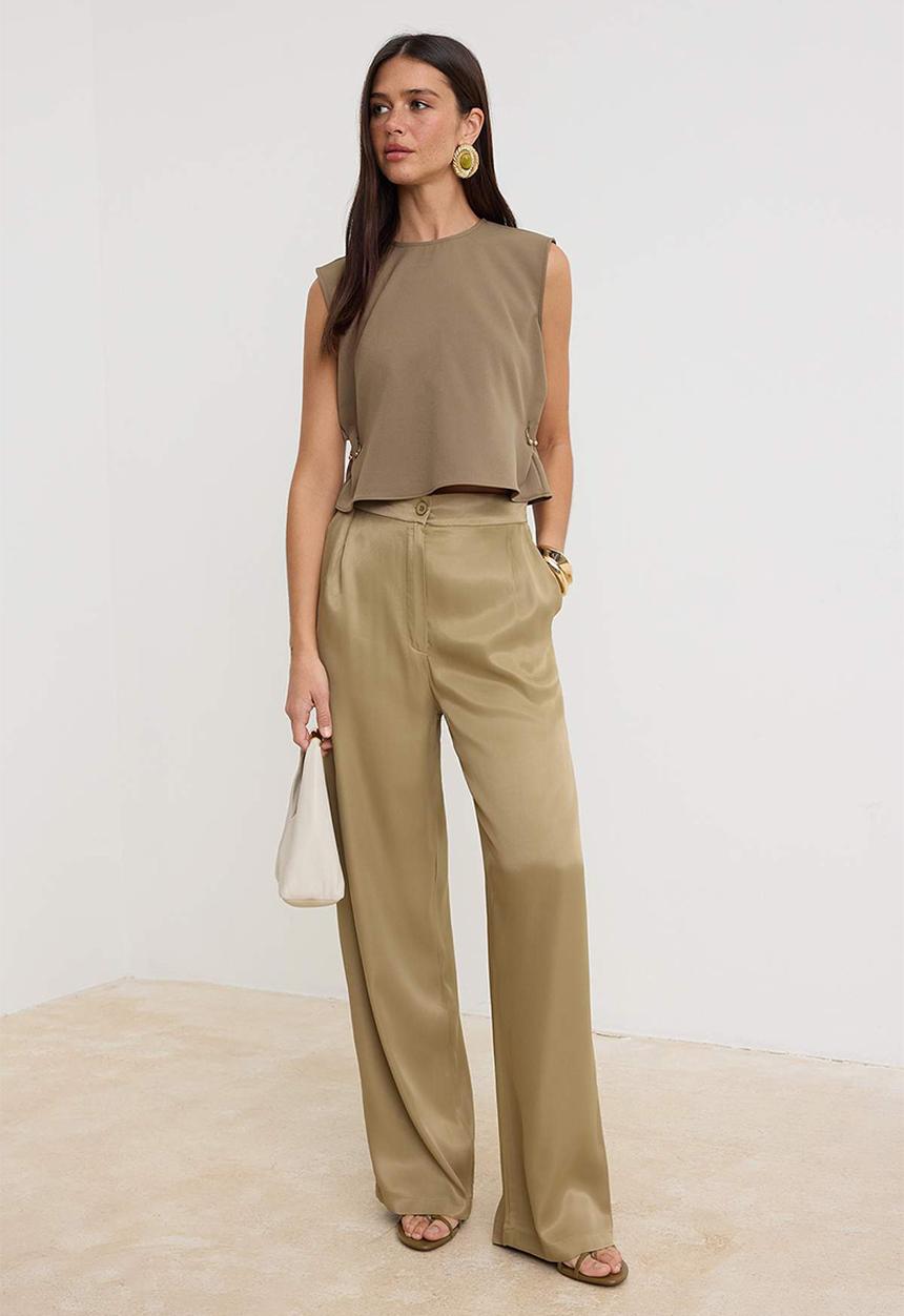 Trendyol - Satin Wide-Leg Trousers - Khaki