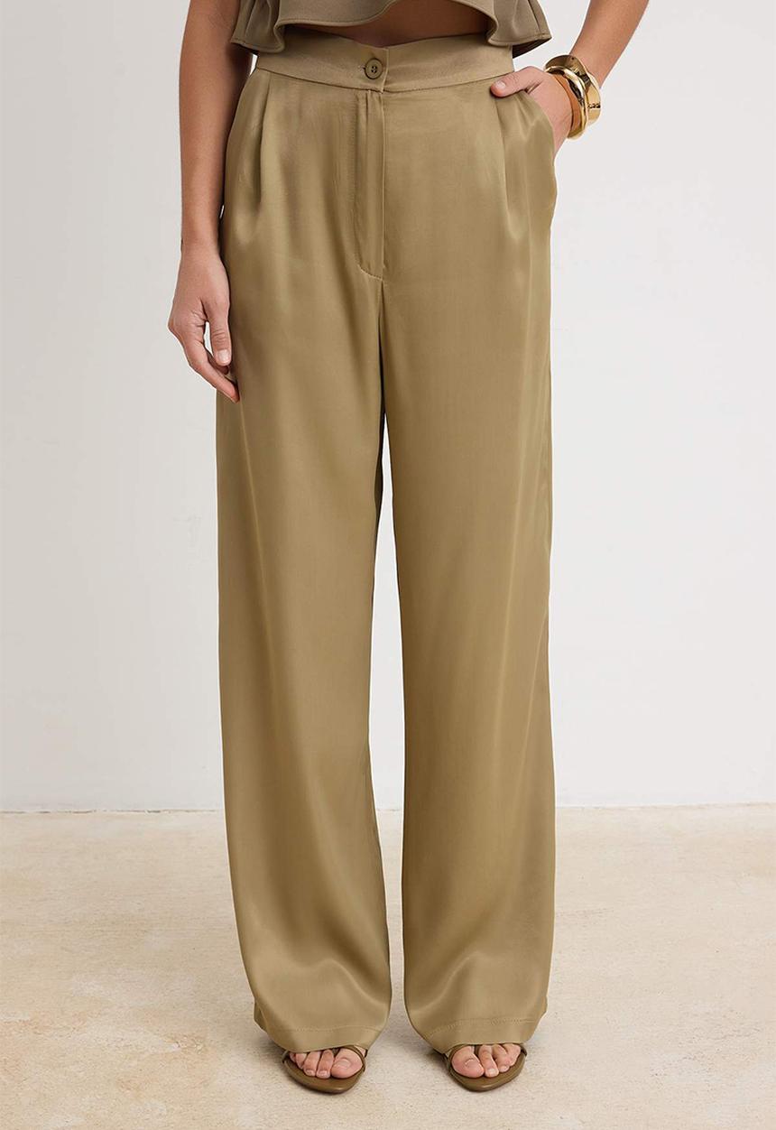 Trendyol - Satin Wide-Leg Trousers - Khaki