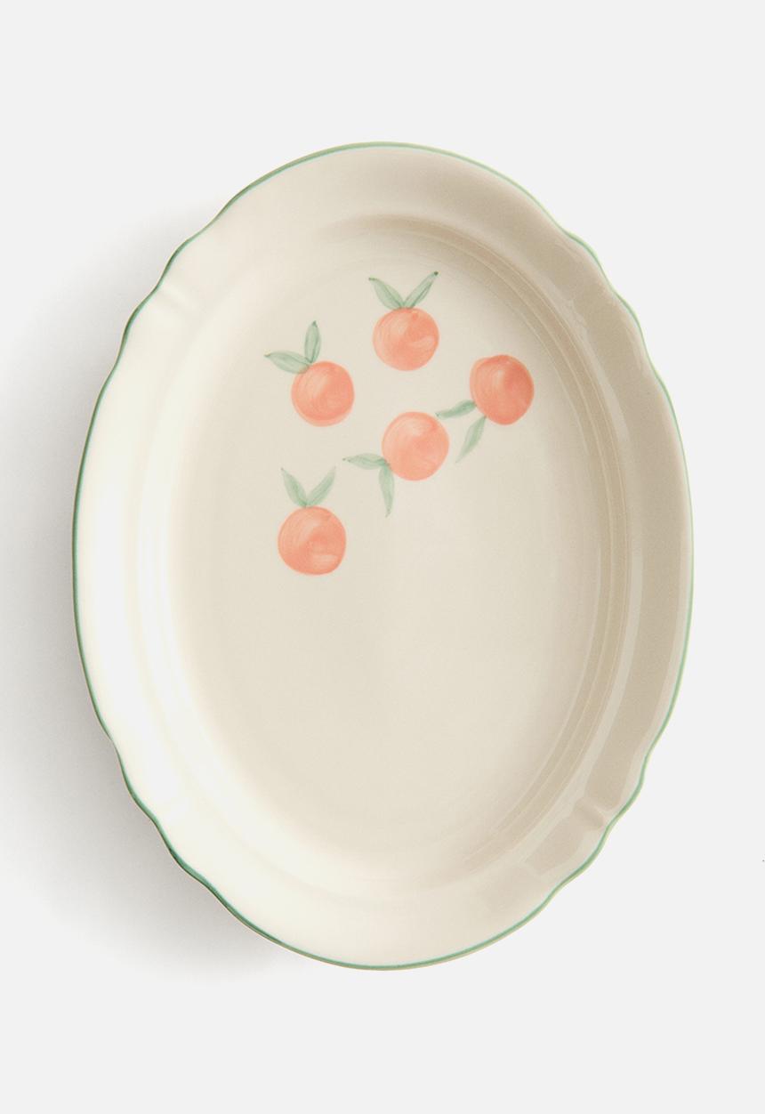 H&M - Hand-painted stoneware serving plate - light beige/oranges