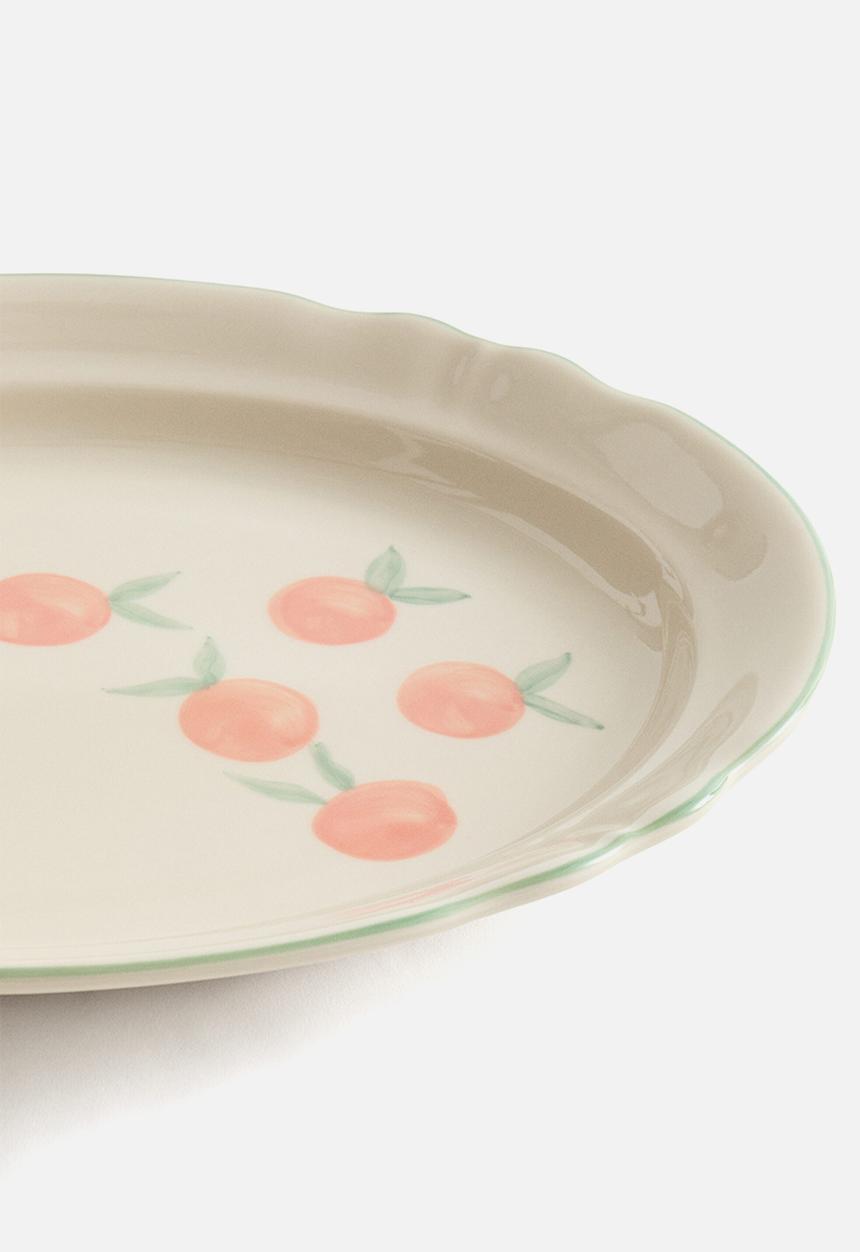 H&M - Hand-painted stoneware serving plate - light beige/oranges