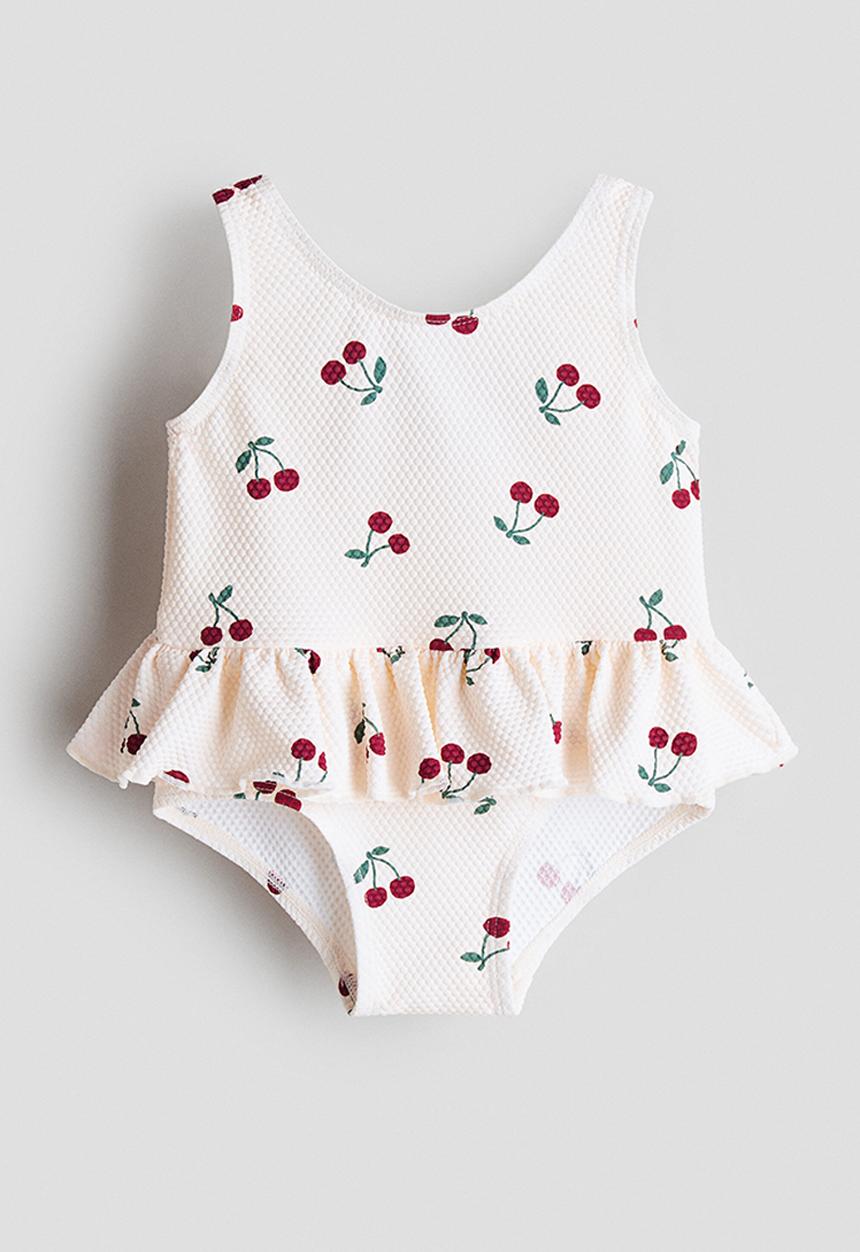 H&M - Flounced swimsuit - light beige/cherries