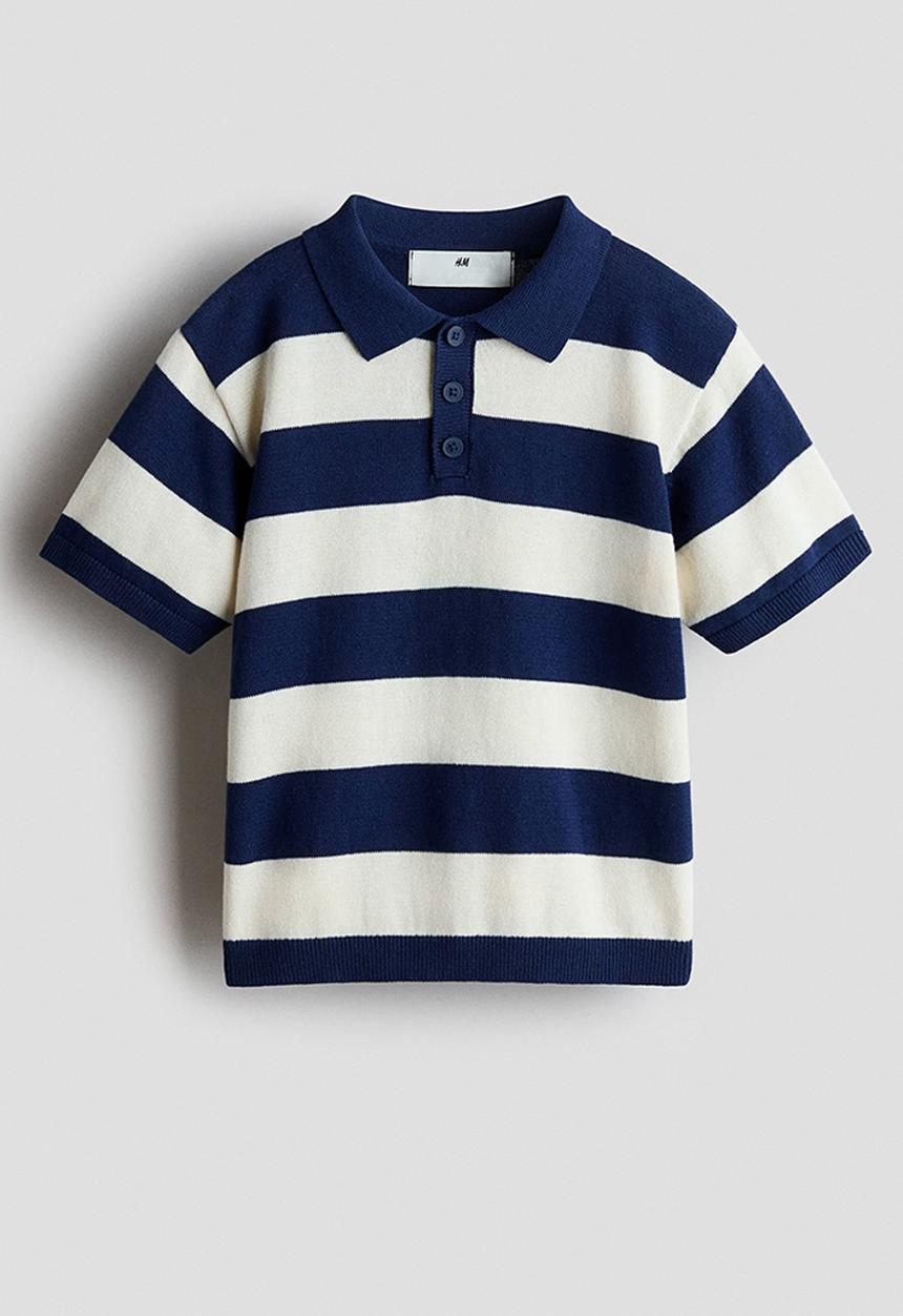 H&M - Cotton-knit polo shirt - dark blue/white striped