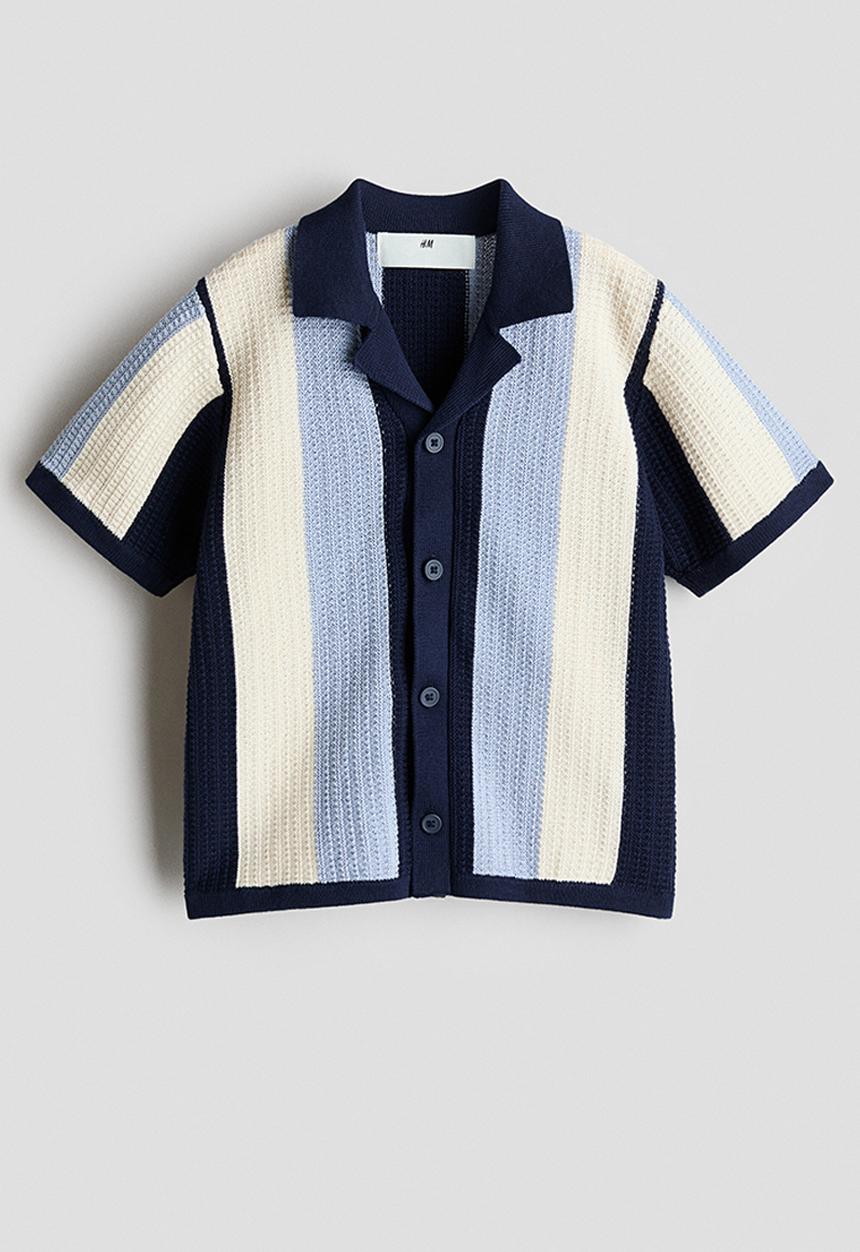 H&M - Fine-knit resort shirt - navy blue/striped