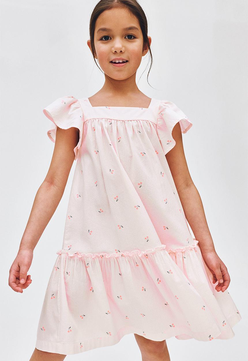 H&M - Flared cotton dress - light pink/cherries