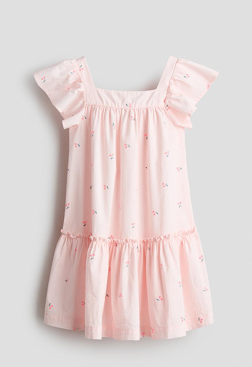 H&M - Flared cotton dress - light pink/cherries