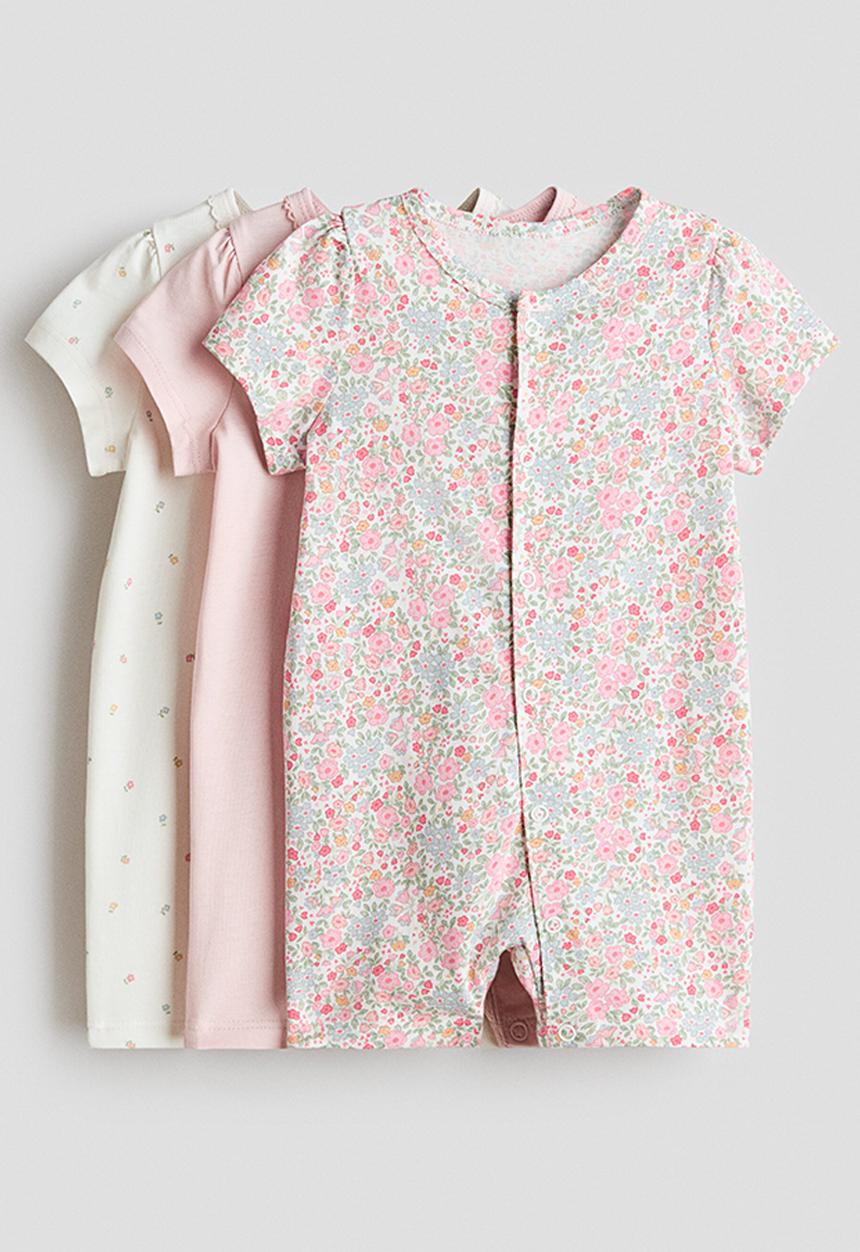 H&M - 3-pack short cotton sleepsuits - pink/floral