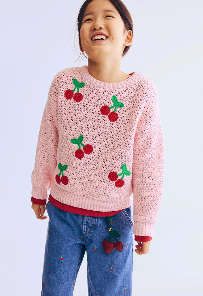 H&M - Hole-knit jumper - light pink/cherries
