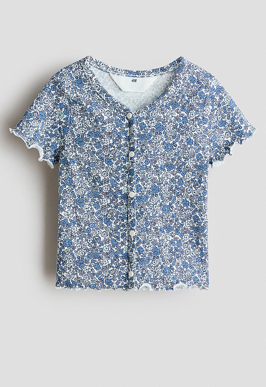 H&M - Button-detail ribbed top - blue/floral