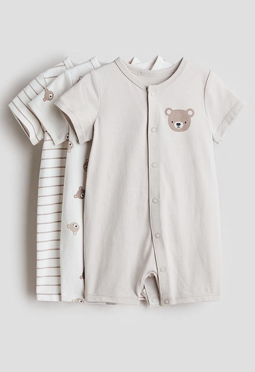 H&M - 3-pack short sleepsuits - cream/bears