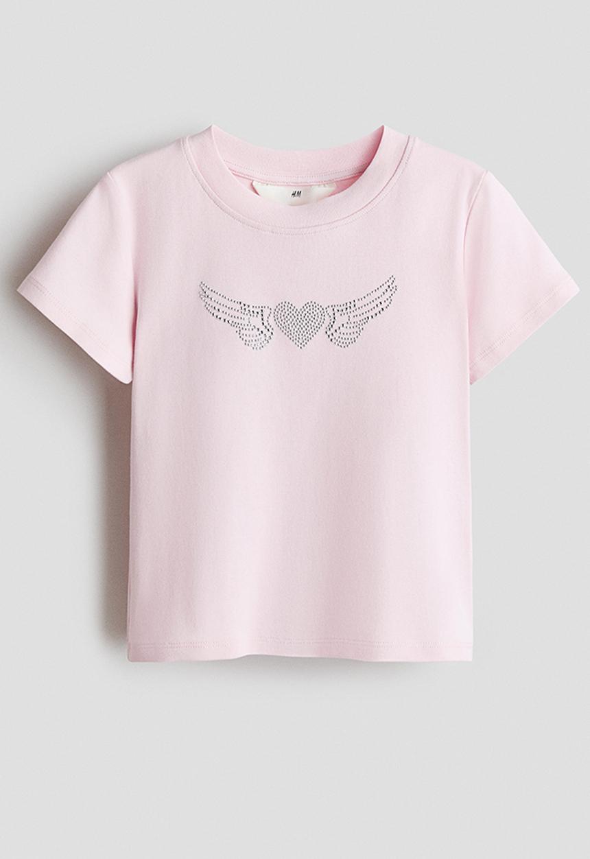 H&M - Embellished-motif t-shirt - light pink/heart
