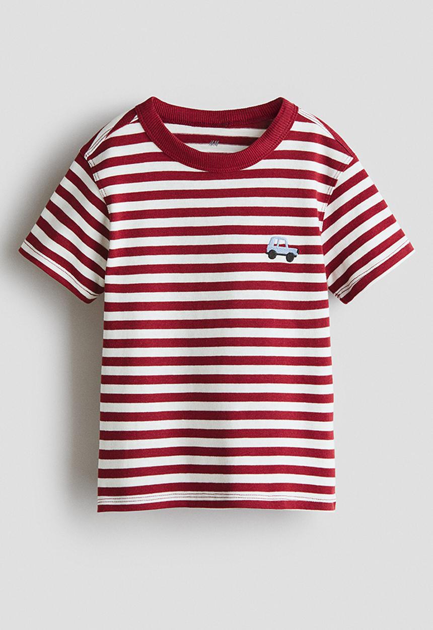 H&M - Embroidery-detail t-shirt - dark red/striped