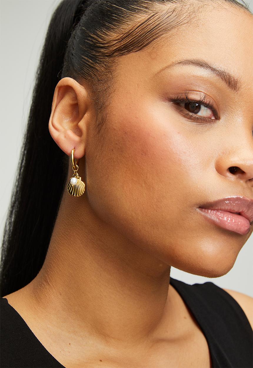 Rubi - Waterproof Charm Hoop Earring - Gold Plated Shell Pearl Drop