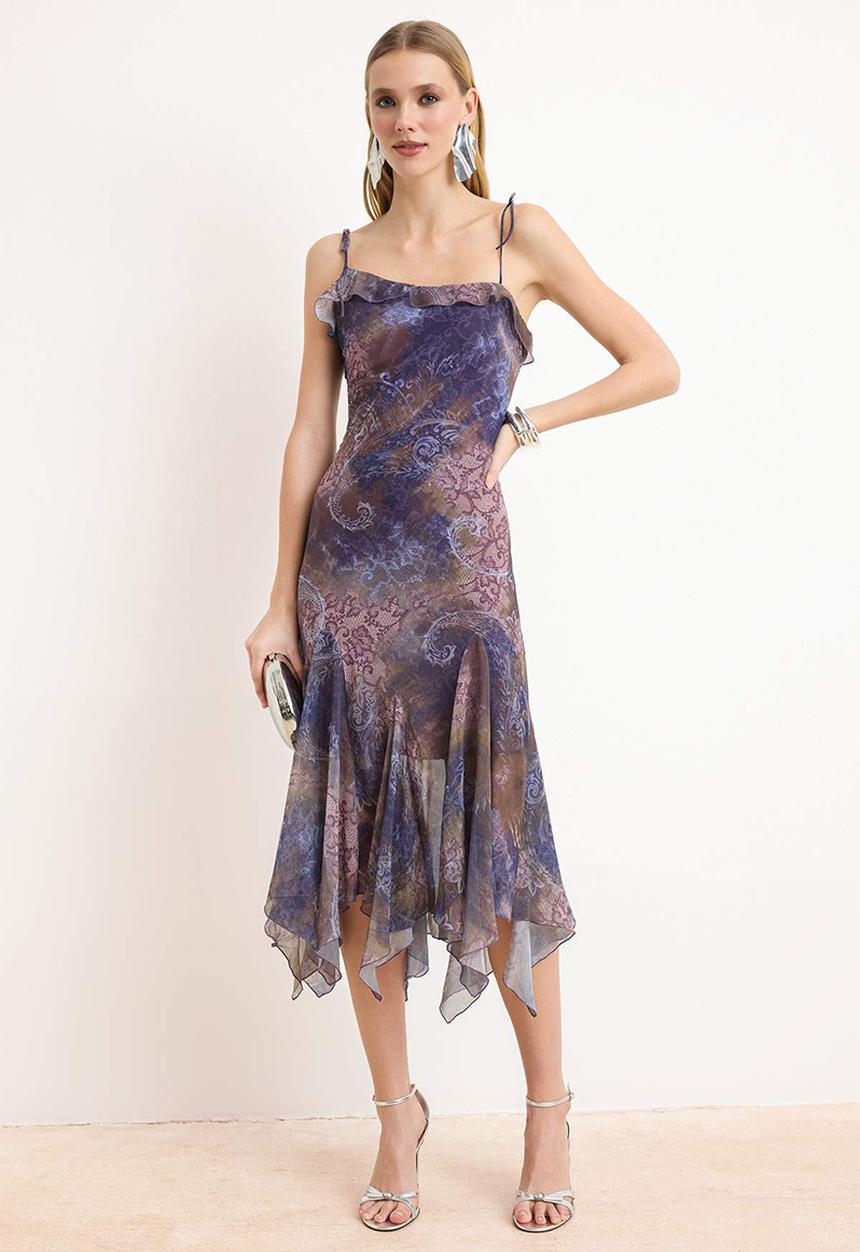 Trendyol - Abstract Print Chiffon Midi Party Dress - Purple-Multicolour