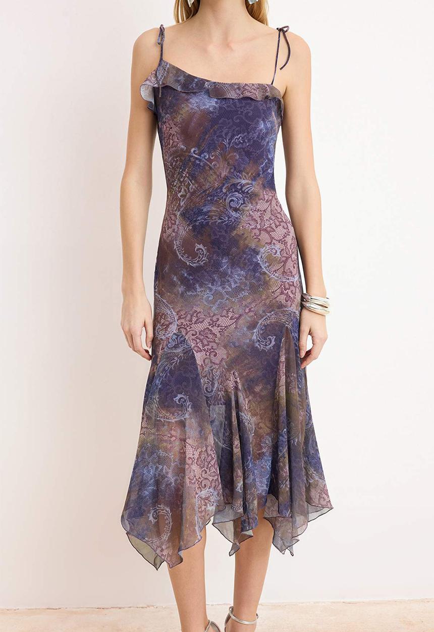 Trendyol - Abstract Print Chiffon Midi Party Dress - Purple-Multicolour