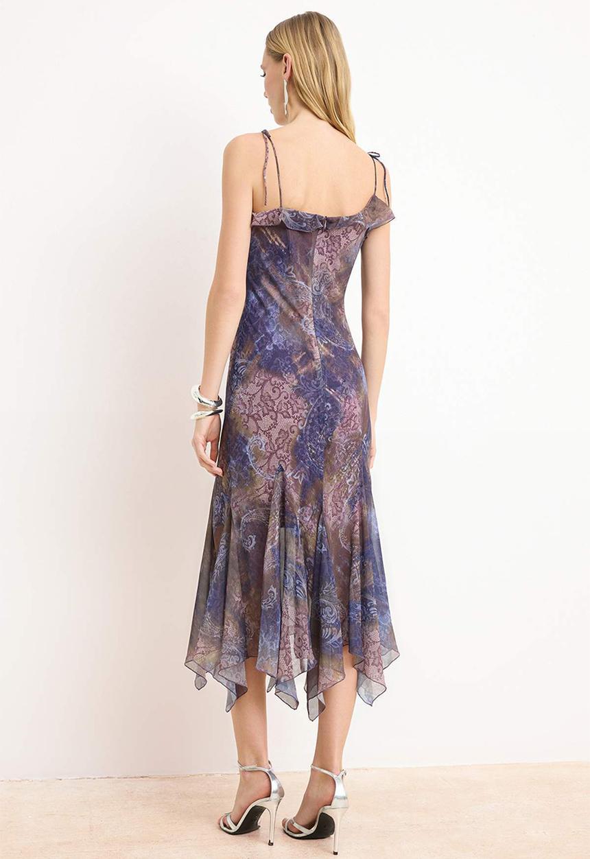 Trendyol - Abstract Print Chiffon Midi Party Dress - Purple-Multicolour